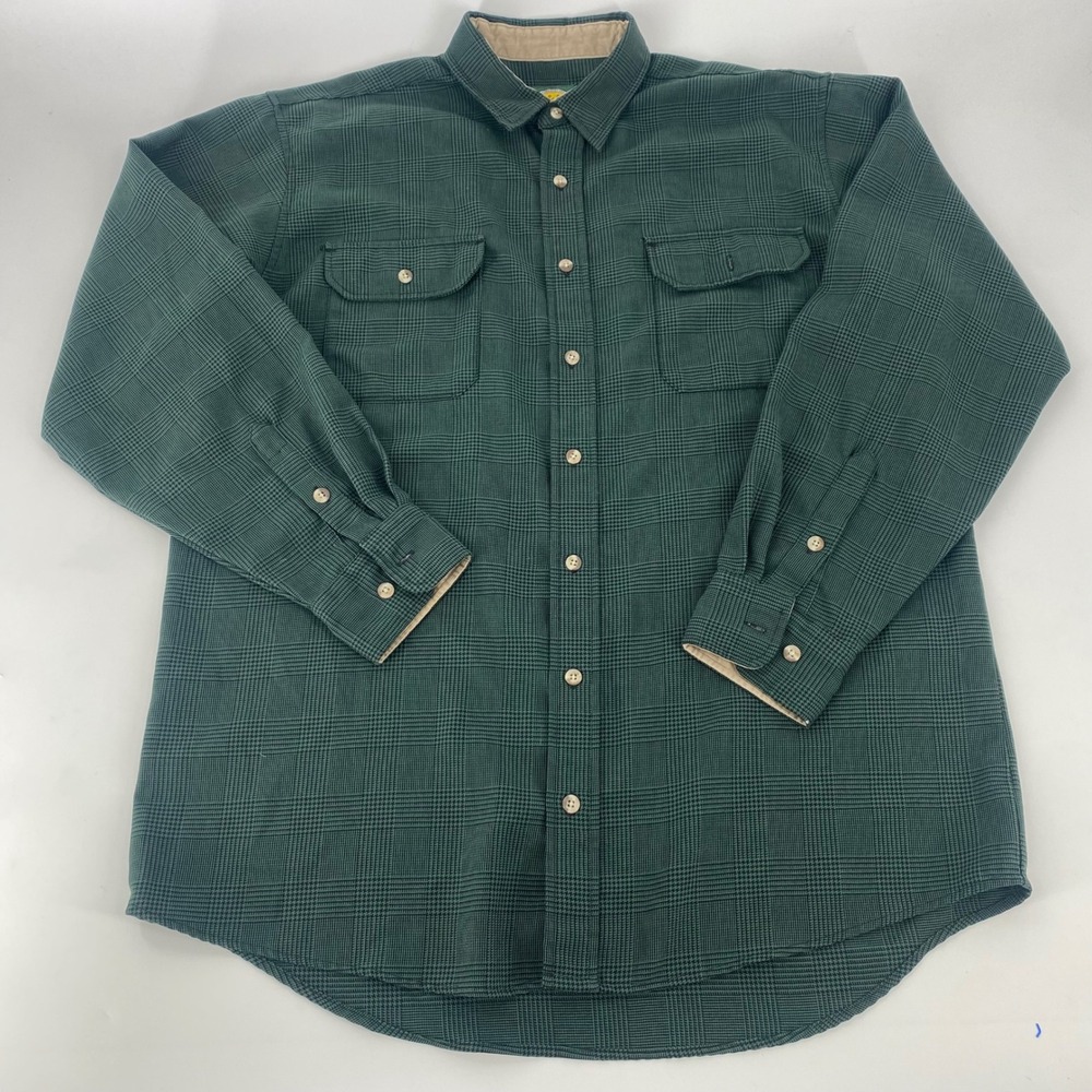 Cabelas Mens L Tall Plaid Flannel Lined Shirt Jacket Green Black Long Sleeve